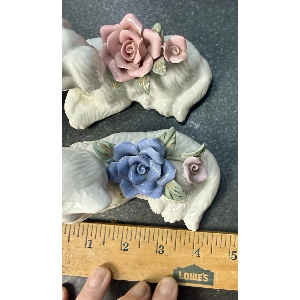 Vintage Cat & Dog Ceramic Figurines Pair Applied Roses Mid Century Japan